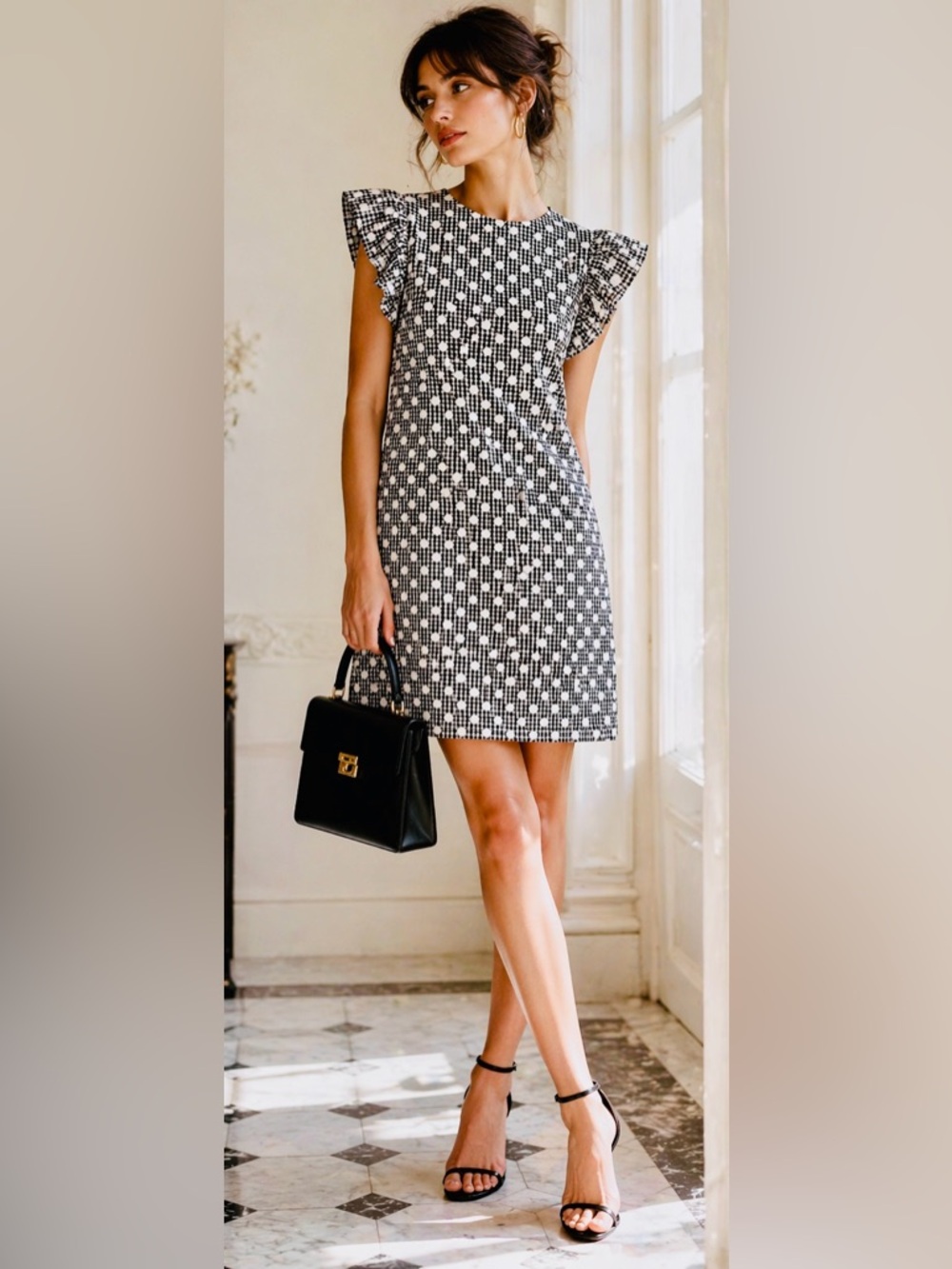 Elle Black and White Mini Dress with Ruffled Sleeves